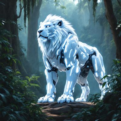 The primary subject of the image is a lion, which is the main object, scene, or focus of the image. The lion is standing in a forest, surrounded by trees and foliage. The visual style of the image is digital art, as it appears to be a computer-generated or digitally rendered image. The colors and mood of the image are predominantly dark and moody, with the lion's white fur standing out against the forest backdrop.